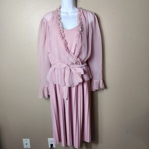 Vintage 70s Pink Accordion Pleated Sleeveless Dress w/Sheer Ruffle Jacket-Size S